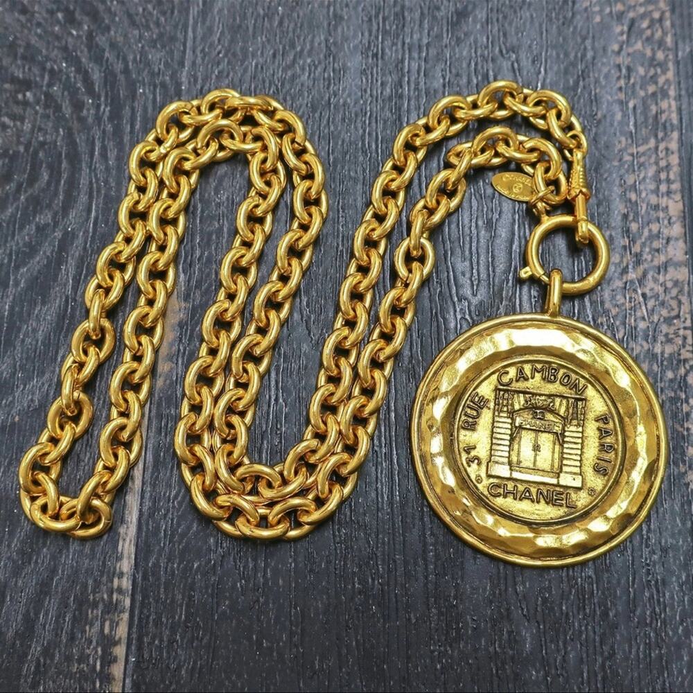 AUTHENTIC CHANEL Gold Plated CC Logos Cambon Charm Vintage Necklace Pendant